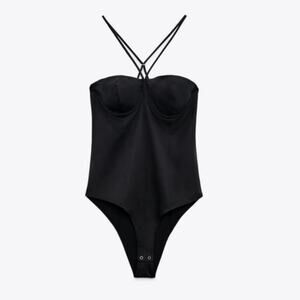Zara Black SATIN EFFECT Corset CAMISOLE BODYSUIT Size Small